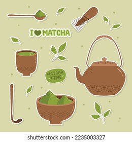 Hand drawn cute matcha green tea themed sticker set collection vector design