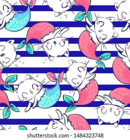 Hand drawn cute mermaid cats Pattern seamless. Children's textile design. Vector illustration. 