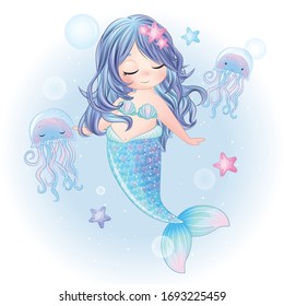 Hand drawn cute mermaid character 