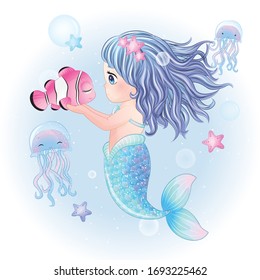 Hand drawn cute mermaid character 