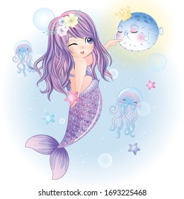 Hand drawn cute mermaid character 