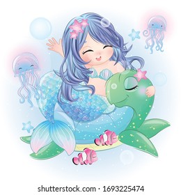 Hand drawn cute mermaid character 