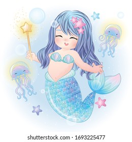 Hand drawn cute mermaid character 