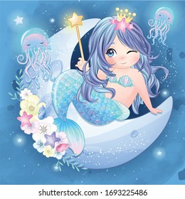 Hand drawn cute mermaid character 