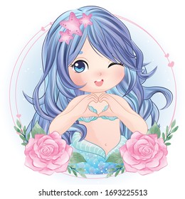 Hand drawn cute mermaid character 