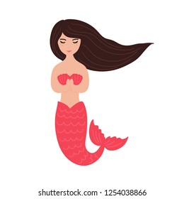 Hand drawn cute mermaid girl. Color cartoon isolated illustration for kids print, t-shirt, book, textile, room poster, greeting card. Flat vector character.