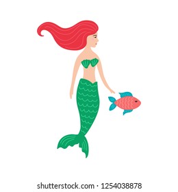 Hand drawn cute mermaid girl with fish. Color cartoon isolated illustration for kids print, t-shirt, book, textile, room poster, greeting card. Flat vector character.