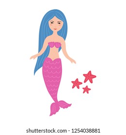Hand drawn cute mermaid girl with starfishes. Color cartoon isolated illustration for kids print, t-shirt, book, textile, room poster, greeting card. Flat vector character.