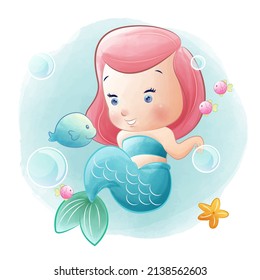 Hand drawn cute mermaid illustration, watercolor mermaid
