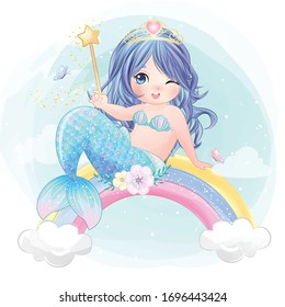 Hand Drawn Cute Mermaid Sitting The Rainbow