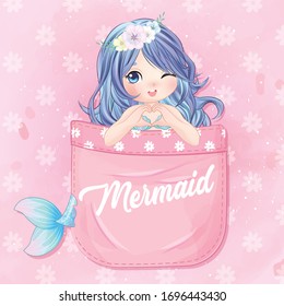 Hand drawn cute mermaid sitting inside the pocket