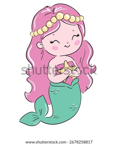 Hand Drawn Cute Mermaid vector Illustration