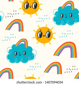 Hand drawn cute meteorology. Sun, rainbow and clouds with faces. Vector seamless pattern. Colored trendy illustration for kids. Cartoon style. Flat design. Children's drawings style