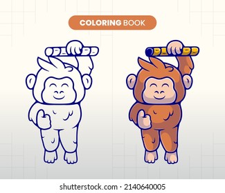 hand drawn cute monkey hanging in rope illustration coloring book for children to fill in