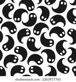 Hand drawn cute monochrome seamless pattern with little ghost. Flat vector Halloween print in doodle style. Evil spirit character. Repeated scary mascot with bedsheet background, wrapping or wallpaper