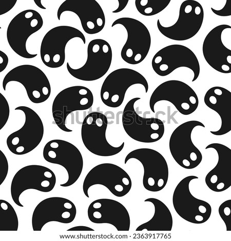 Hand drawn cute monochrome seamless pattern with little ghost. Flat vector Halloween print in doodle style. Evil spirit character. Repeated scary mascot with bedsheet background, wrapping or wallpaper