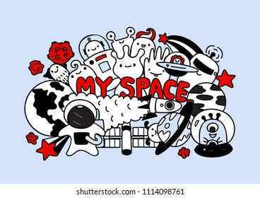 Hand drawn cute monsters with astronaut in space design for wallpaper art,printed tee for kids and other design element. Vector illustration.