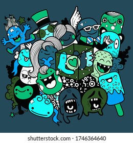 Hand drawn cute monsters with the letters LOVE , Vector illustrations.