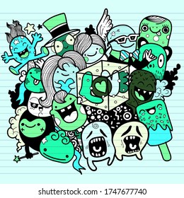 Hand drawn cute monsters with the letters LOVE , Vector illustrations.