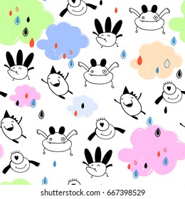 Hand drawn cute monsters and rainy clouds. Vector seamless pattern