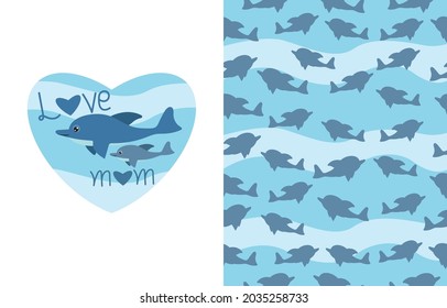Hand drawn cute mother and baby whale swimming together , love mom message. Childish seamless pattern with whale character. Vector illustration
