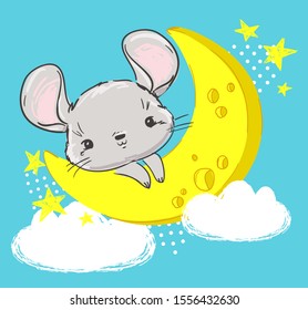 Hand drawn cute Mouse with cheese, cartoon character childish illustration. Rat Sketch. Vector. Symbol 2020 new year chinese calendar.