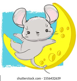 Hand drawn cute Mouse with cheese, cartoon character childish illustration. Rat Sketch. Vector. Symbol 2020 new year chinese calendar.