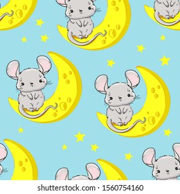 Hand drawn cute Mouse with cheese pattern seamless. Symbol 2020 new year chinese calendar.