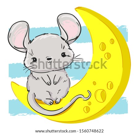 Hand drawn cute Mouse with cheese, cartoon character childish illustration. Rat Sketch. Vector. Symbol 2020 new year chinese calendar.