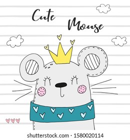 Hand Drawn cute mouse in coron vector illustration