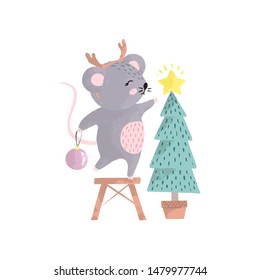 Hand Drawn Cute Mouse Decorates The Christmas Tree. Vector Illustration of a Rat in a Simple Scandinavian style in pastel colors. Symbol of 2020