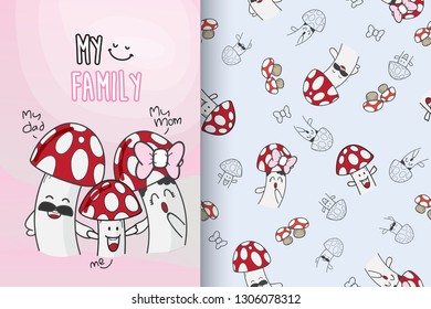 Hand drawn cute mushroom with pattern vector set-vector - Vector