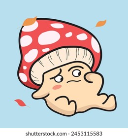 hand drawn cute mushroom is sitting while thinking vector character for elements, clipart