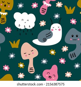 Hand drawn cute mushrooms seamless pattern in hippie aesthetic style. Perfect for T-shirt, textile and print. Nature doodle vector background for decor and design.