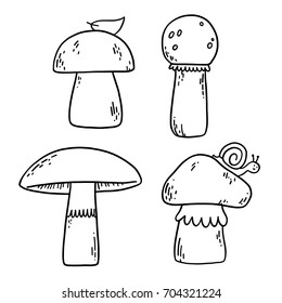 Hand drawn cute mushrooms - set of line vector doodle illustrations.