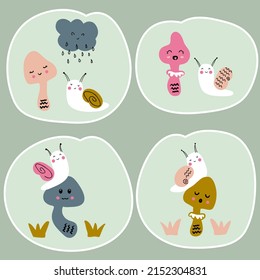 Hand drawn cute mushrooms and snails stickers collection. Perfect for T-shirt, posters and print. Doodle vector illustration for decor and design.