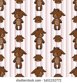 Hand drawn cute naive style goat seamless vector pattern. Cute alpine billy goat on striped background. Brown baby livestock all over print. Farm animal doodle. EPS 10. 