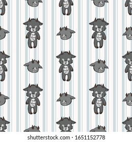 Hand drawn cute naive style goat seamless vector pattern. Cute alpine billy goat on striped background. Gray baby livestock all over print. Farm animal doodle. EPS 10. 