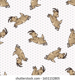 Hand drawn cute naive style jumping goat seamless vector pattern. Cute alpine billy goat on heart background. Baby livestock all over print. Farm animal doodle. EPS 10. 