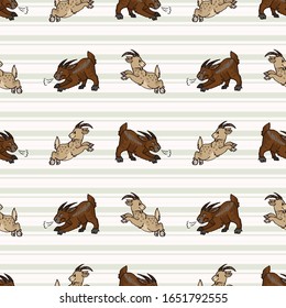 Hand drawn cute naive style jumping and angry goat seamless vector pattern. Cute alpine billy goat on heart background. Baby livestock all over print. Farm animal doodle. EPS 10. 