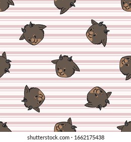 Hand drawn cute naive style brown goat seamless vector pattern. Cute alpine billy goat face on striped background. Brown baby livestock all over print. Farm animal doodle. EPS 10. 