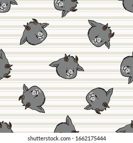Hand drawn cute naive style goat seamless vector pattern. Cute alpine billy goat face on striped background. Brown baby livestock all over print. Farm animal doodle. EPS 10. 