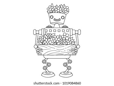 Hand drawn cute nature friendly robot for design element and coloring book page for both kids and adults. Vector illustration