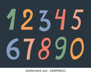 Hand drawn cute numbers. Colorful cartoon numbers in modern colors. Set of doodles for teaching mathematics. Baby funny poster. Kids print. Design for birthday and baby shower.