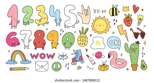 Hand drawn cute numbers with face emotions and different objects. Colorful big vector set for kids. Educational illustration. Doodle icons. Bright colors. All elements are isolated