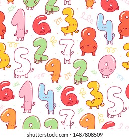 Hand drawn cute numbers with faces. Various emotions. Colorful vector seamless pattern for kids. Educational illustration