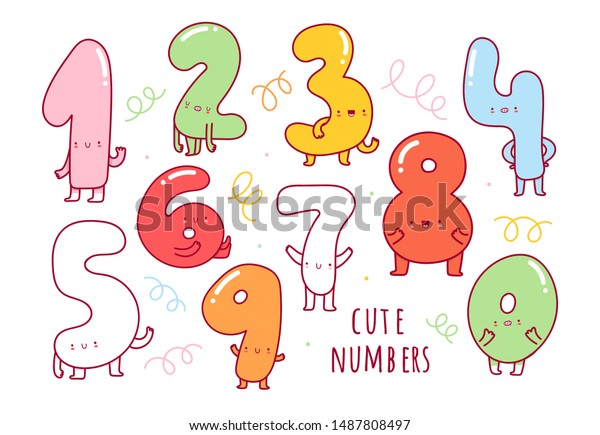 Hand drawn cute\
numbers with faces. Various emotions. Colorful vector set for kids.\
Educational illustration. Balloon shape numbers. Bright colors. All\
elements are isolated