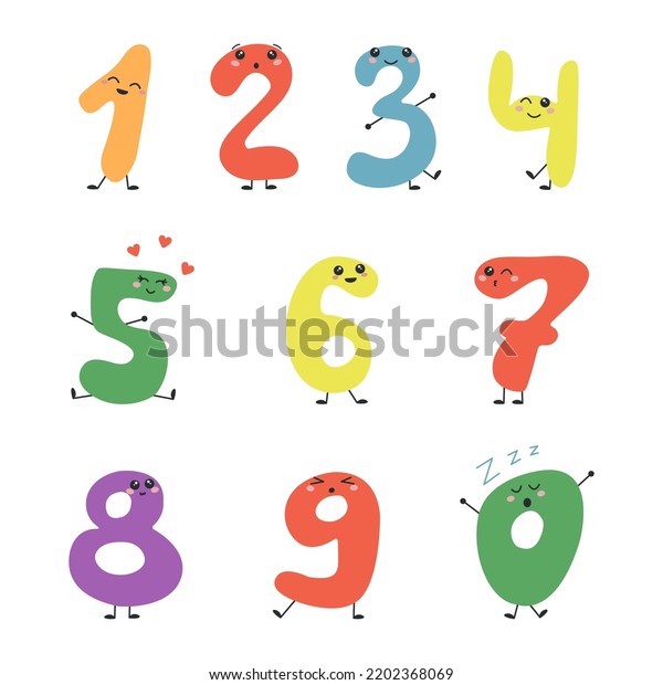Hand drawn cute numbers with faces.\
Collection of cartoon numbers. Various emotions. Colorful vector\
set for kids. Educational\
illustration.