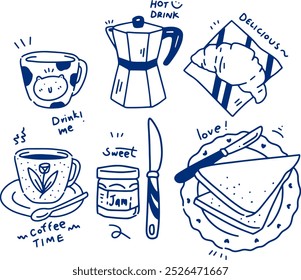 hand drawn cute objects for coffee and dessert