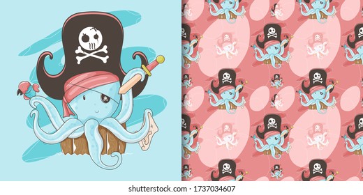 hand drawn a cute octopus with a pirate custom